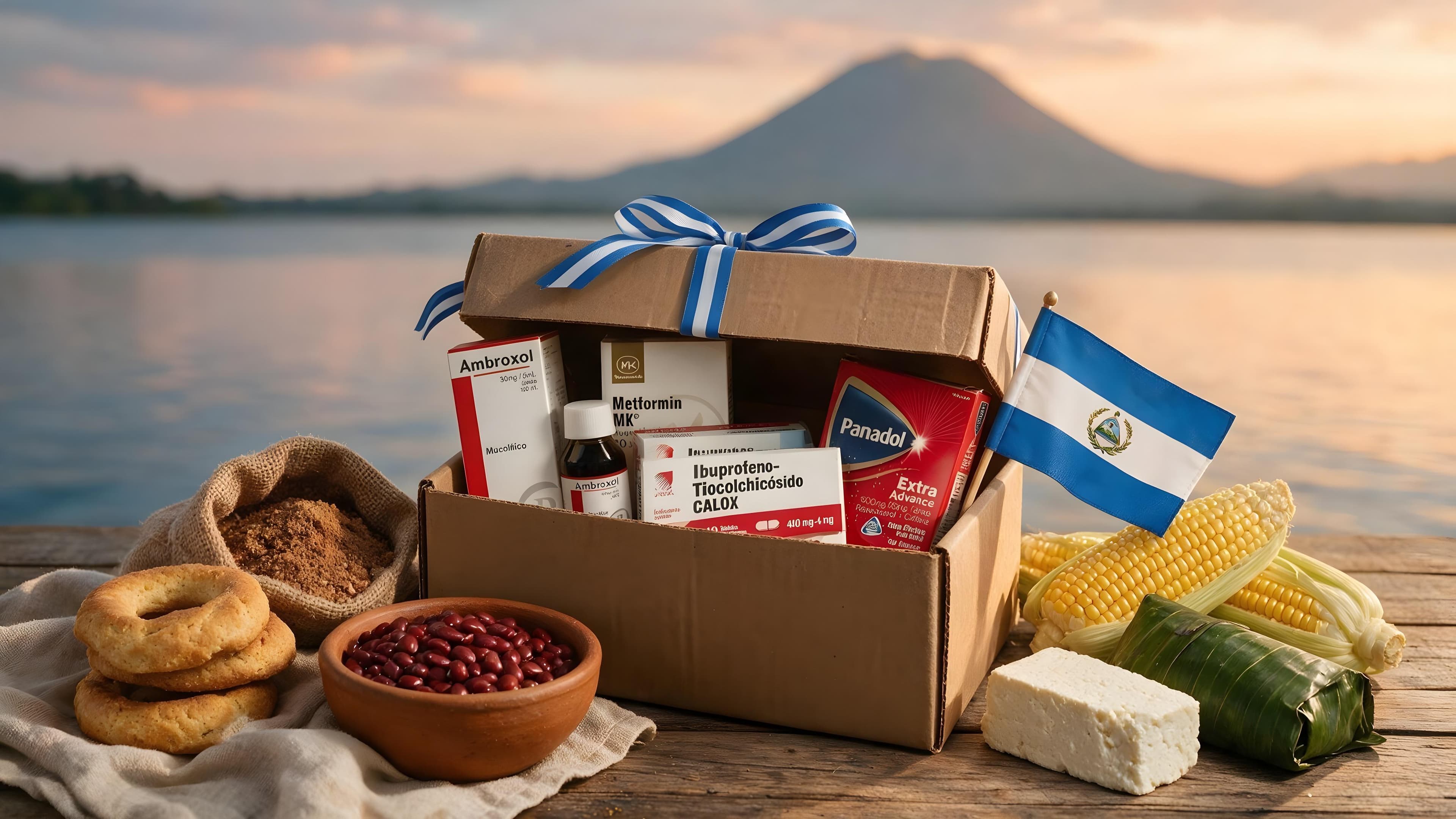 Caja con medicamentos y productos tradicionales nicaragüenses para enviar a Estados Unidos